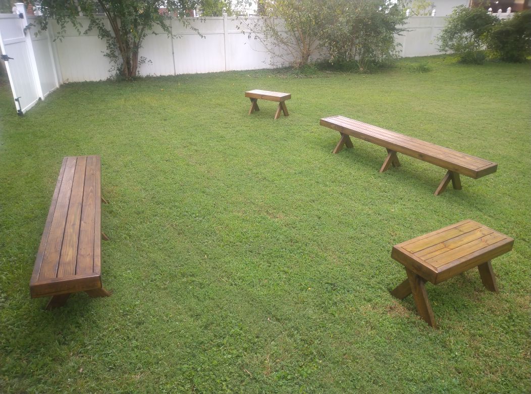 Benches arranged on lawn