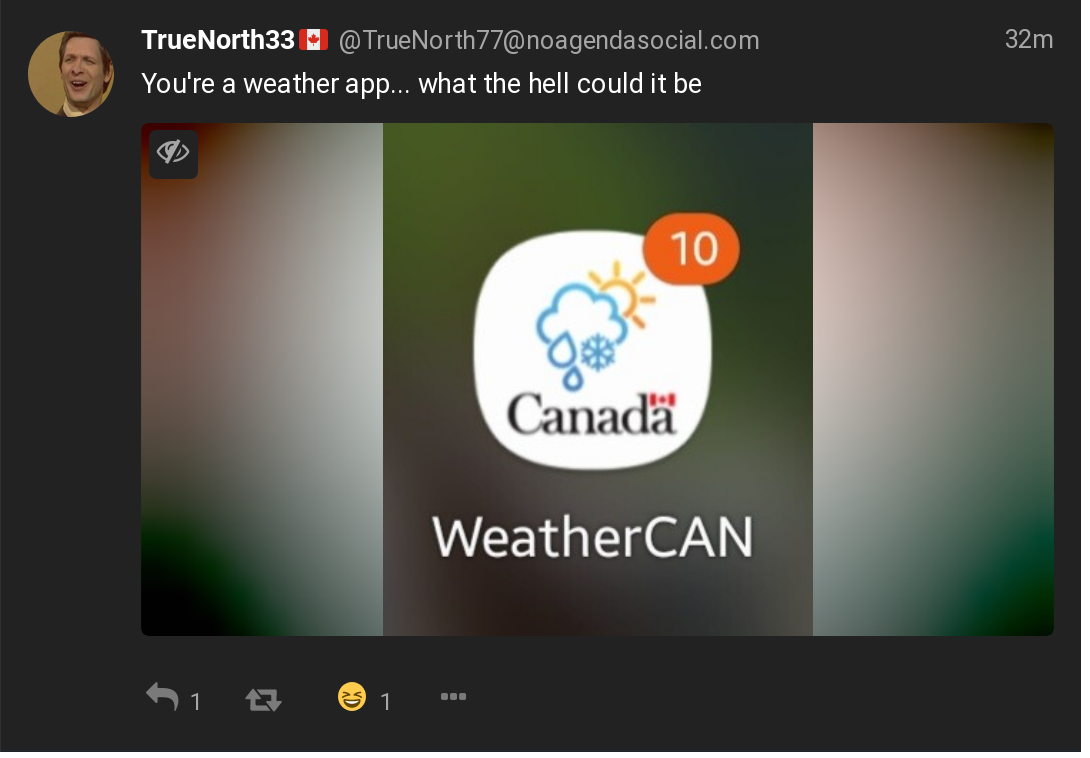 Post from TrueNorth33 on noagendasocial with the Canadian WeatherCAN app showing 10 notifications, and him asking the question 'You are a weather app. What the hell could it be?'