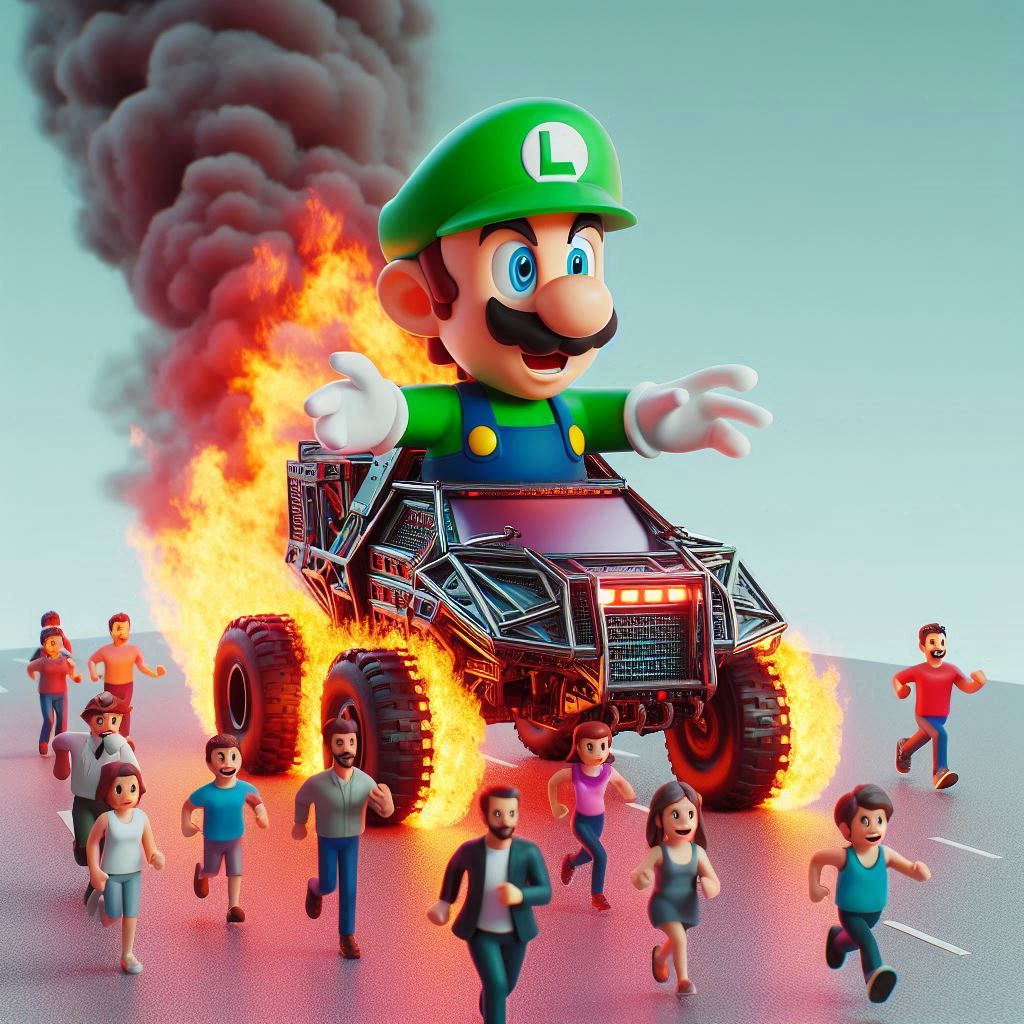 Luigi from Super Mario in a Cybertruck that is on fire with people in front of them running.