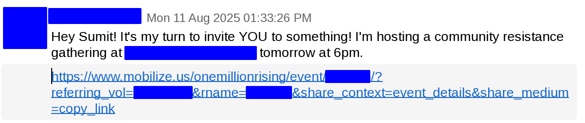 Text message inviting me to a Community Resistance with a tracking link