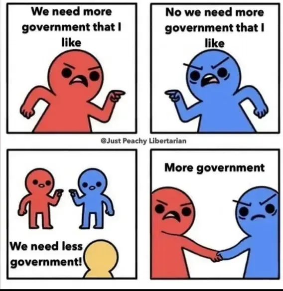 Cartoon: We Need more government that I like. No we need more government that I like. We need less government! More government