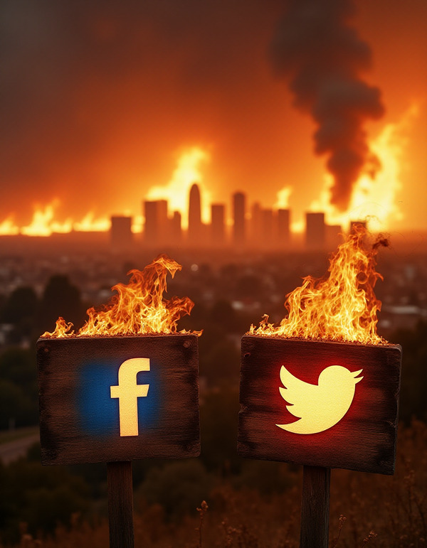 Facebook and Twitter logos in the foreground on wooden signs that are on fire with Los Angeles in the background in a massive amounts of flames with a hurricane approaching in the distance.