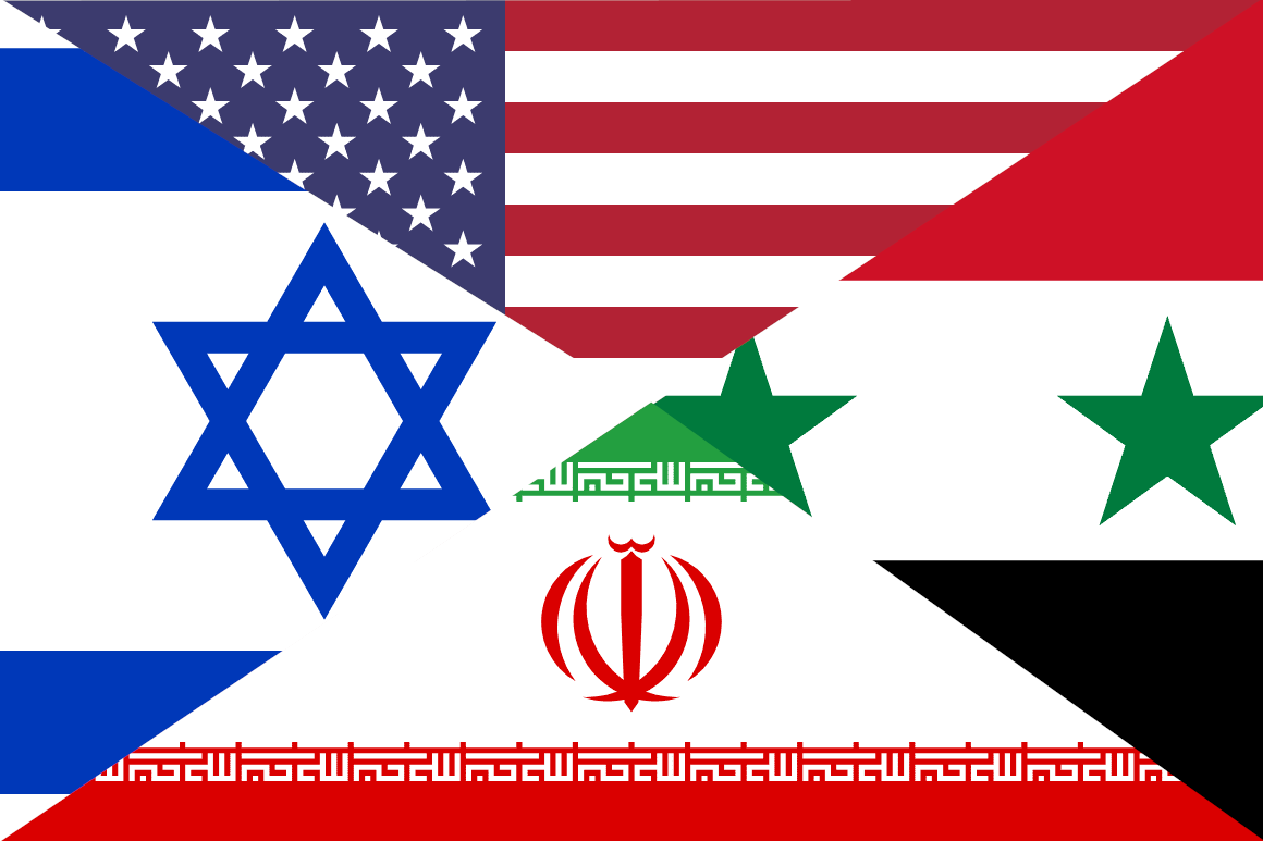 Flags of Israel, the United States, Syria and Iran arranged in four triangles