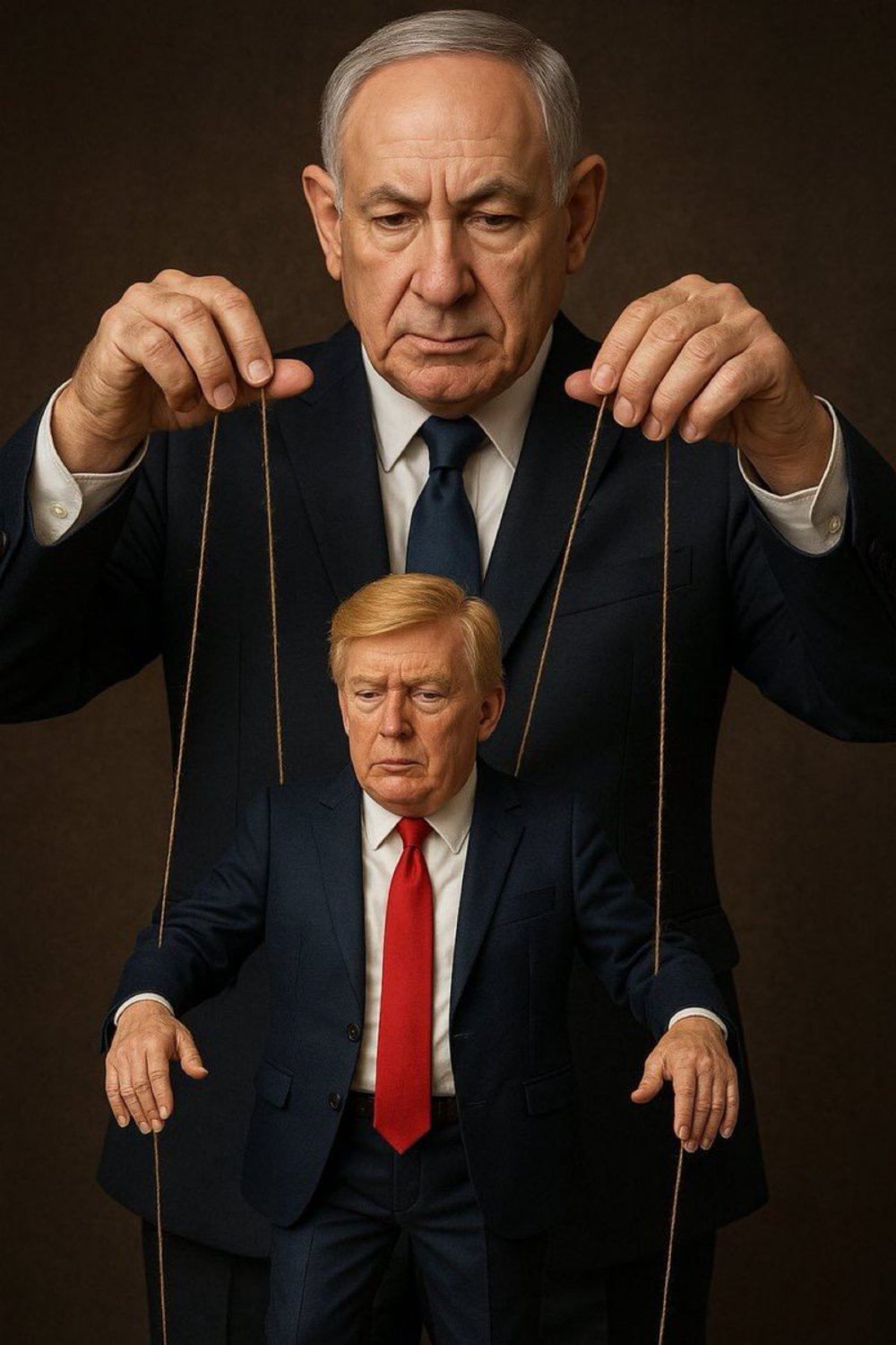 AI generated image of Benjamin Netanyahu playing Donald Trump like a puppet on strings