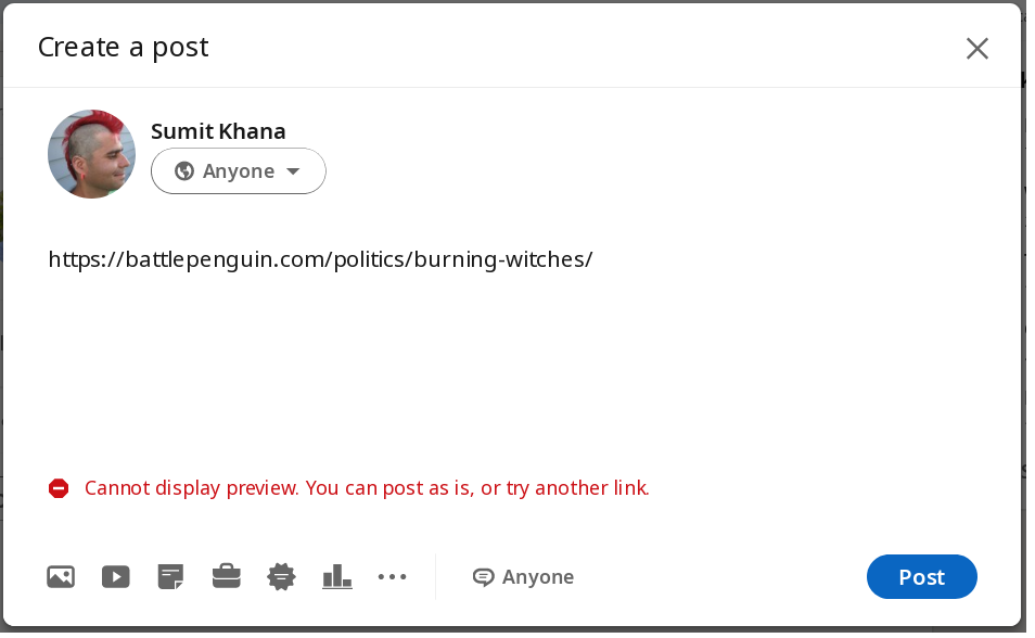 Screenshot of a link to my article on Burning Witches in a LinkedIn post box with an error saying the preview cannot be displayed