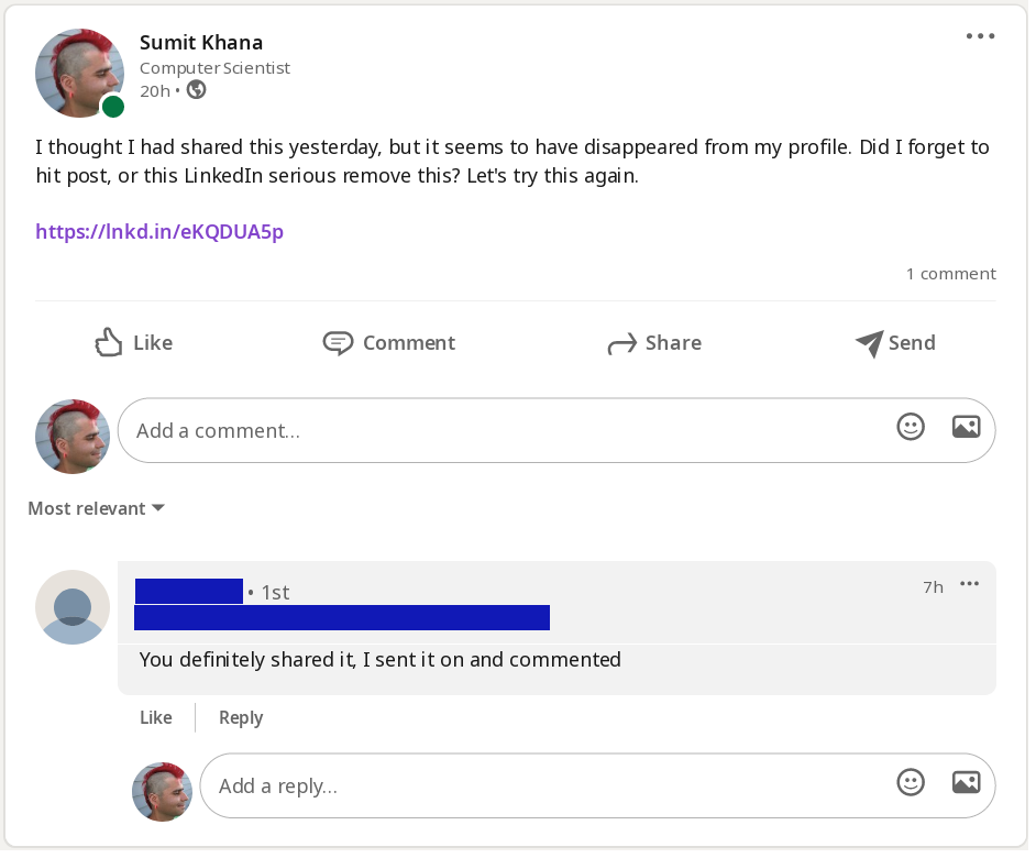 Repost of my LinkedIn post with a comment clearly stating someone had seen the previous post