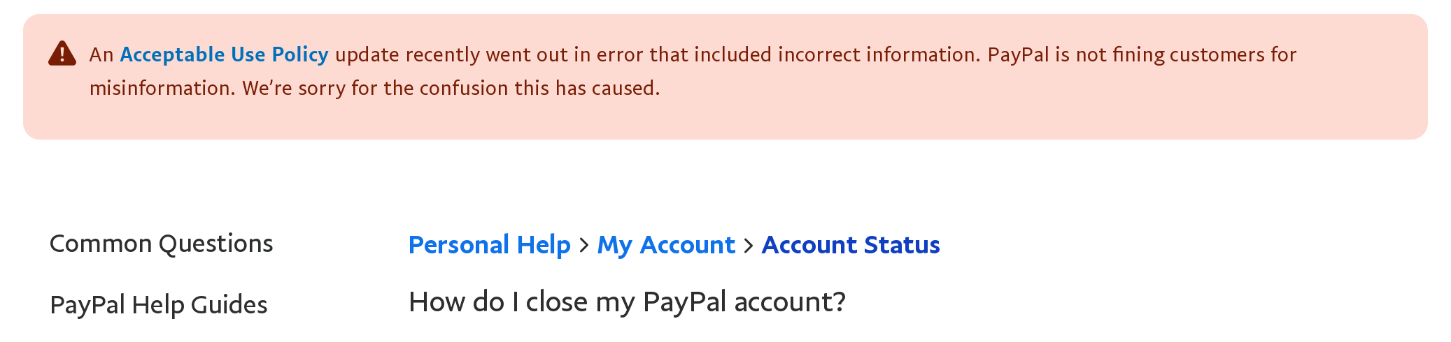 Screen shot of PayPal help website claiming the acceptable use policy went out in error and included incorrect information.