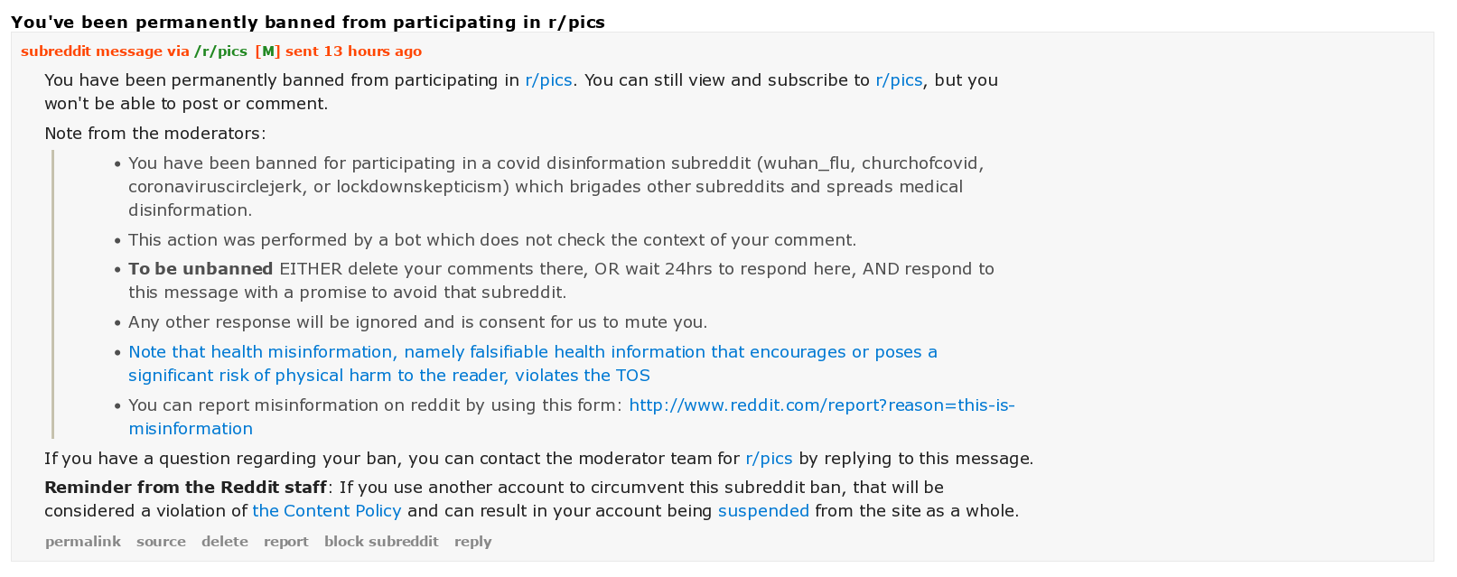 Moderation Message / Permanent Ban from /r/pics