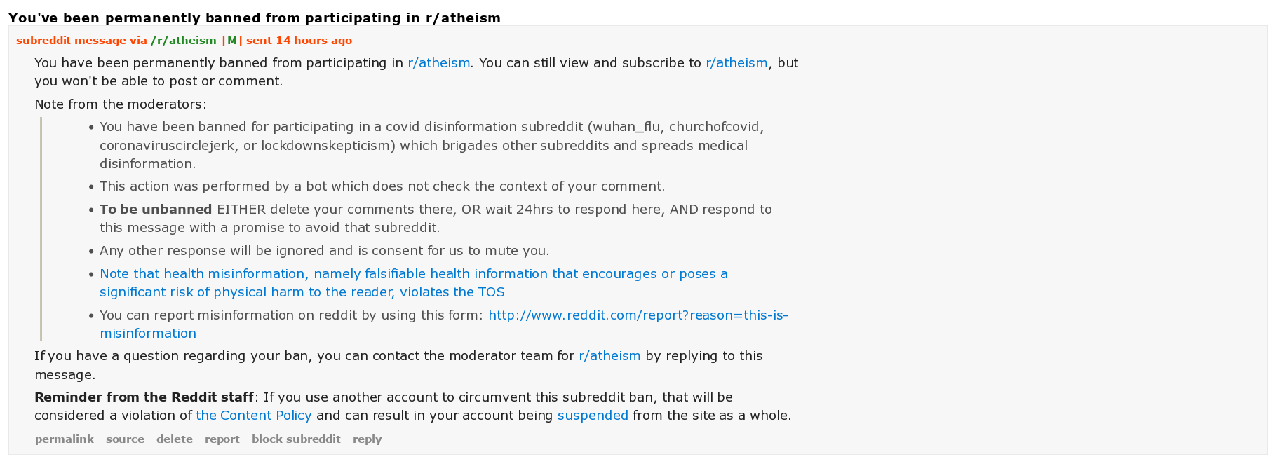 Moderation Message / Permanent Ban from /r/atheism
