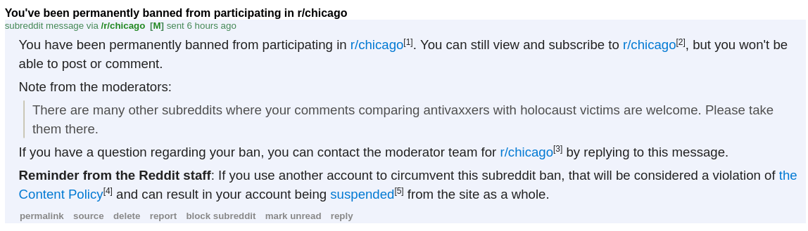 Moderation Message / Permanent Ban from /r/Chicago