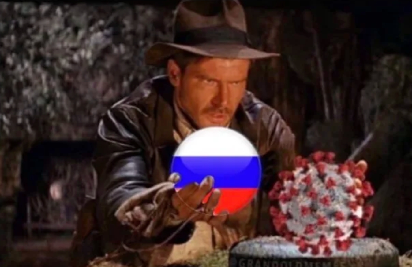 Meme from Indian Jones and the Temple of Doom with him replacing COVID with Russia