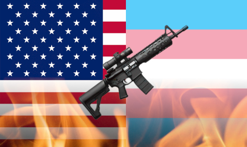 Half American Flag, Half Transgender Flag with faded fire in background and AR-15 in center