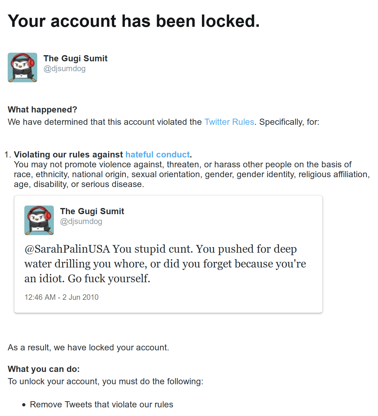 Screenshot of Twitter Account Lock e-mail with offensive tweet