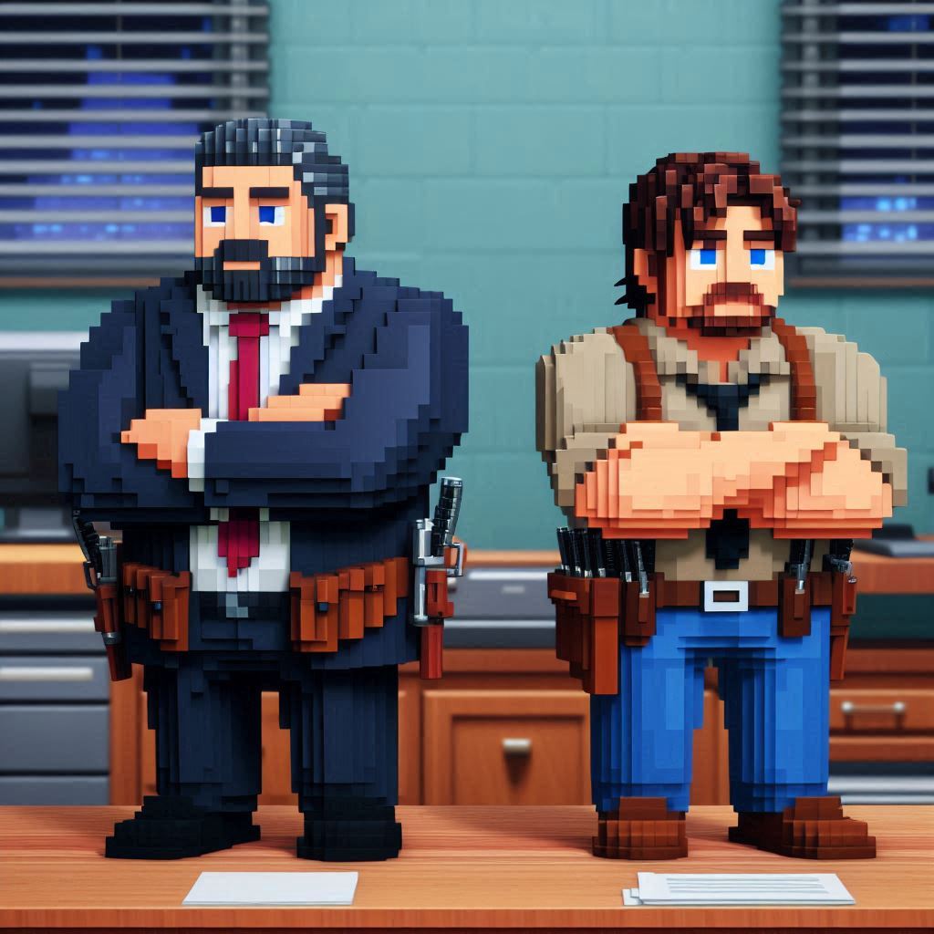 A slightly overweight 40 year old lawyer with a greying beard across the desk from the slightly overweight, beaded change my mine guy, who also has side holsters and they're on air and it's in the style of 8-bit voxel art