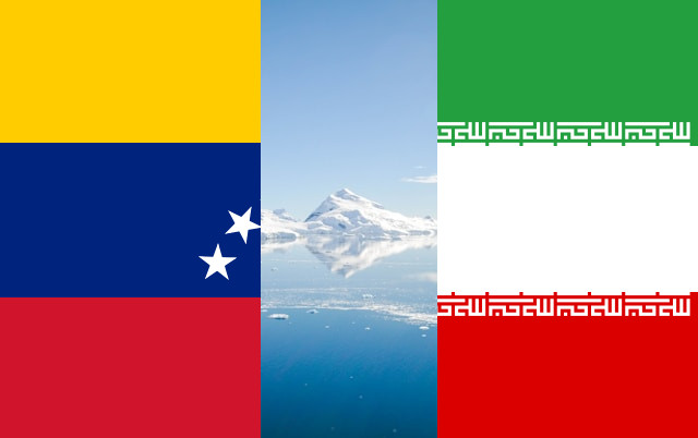 Tri-Image: Venezuelan Flag, Glacier, Iranian Flag