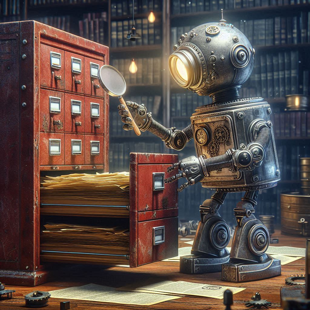 A.I image generated from the prompt: A robot scraping and archiving content into an old steam punk looking filing cabinet