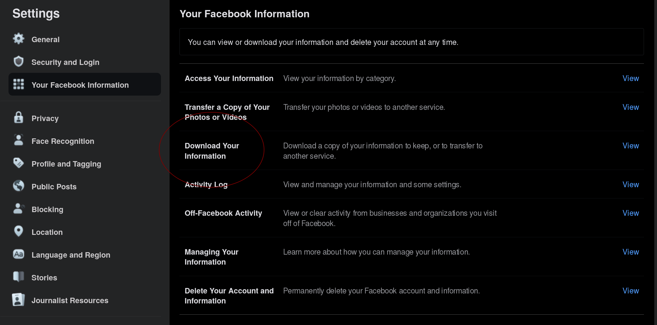 Facebook Account Settings Menu