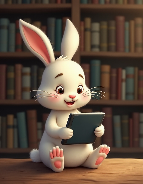 A bunny holding an e-ink tablet while sitting in a library