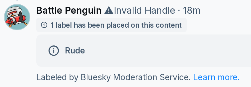 Screenshot of Bluesky moderation for a post as rude