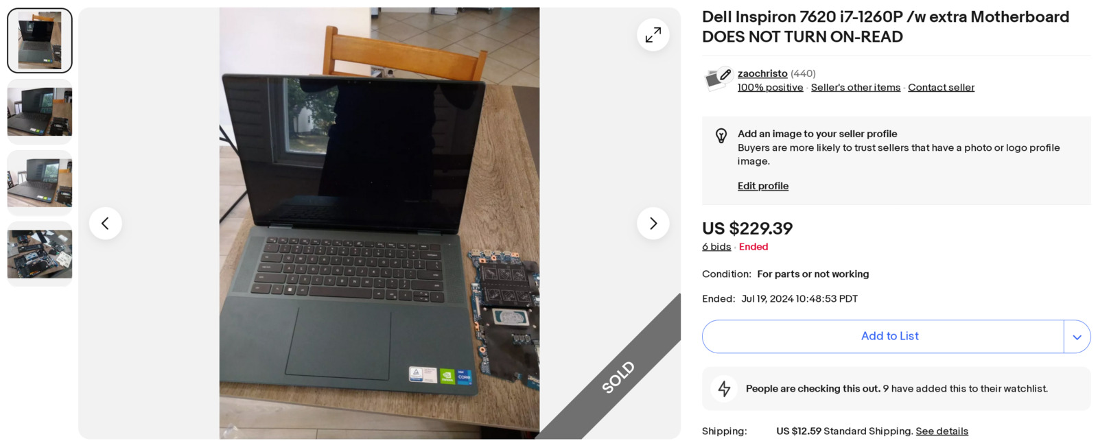 eBay Listing for Non-working Dell Laptop