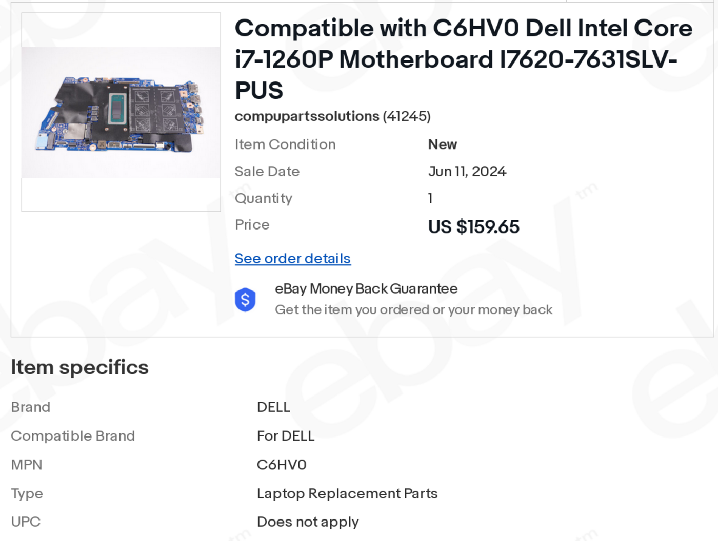 eBay Purchase of Compatible with C6HV0 Dell Intel Core i7-1260P Motherboard I7620-7631SLV-PUS