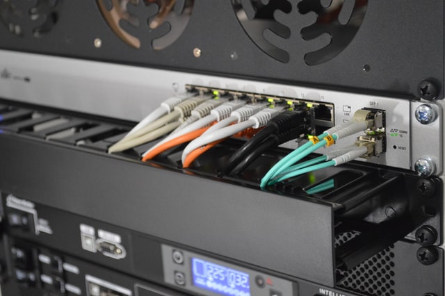 Photo of network switch in a data center rack cabinet