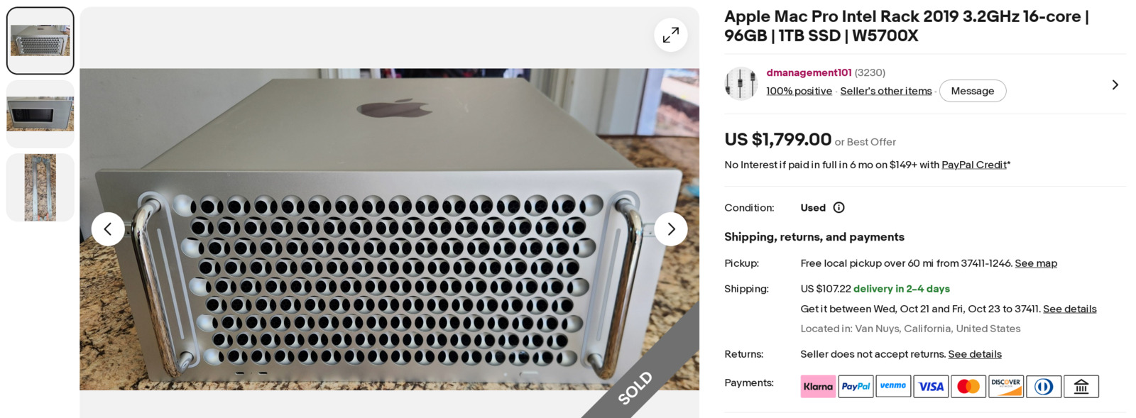 Apple Mac Pro Intel Rack 2019 3.2GHz 16-core 96GB 1TB SSD W5700X eBay Listing