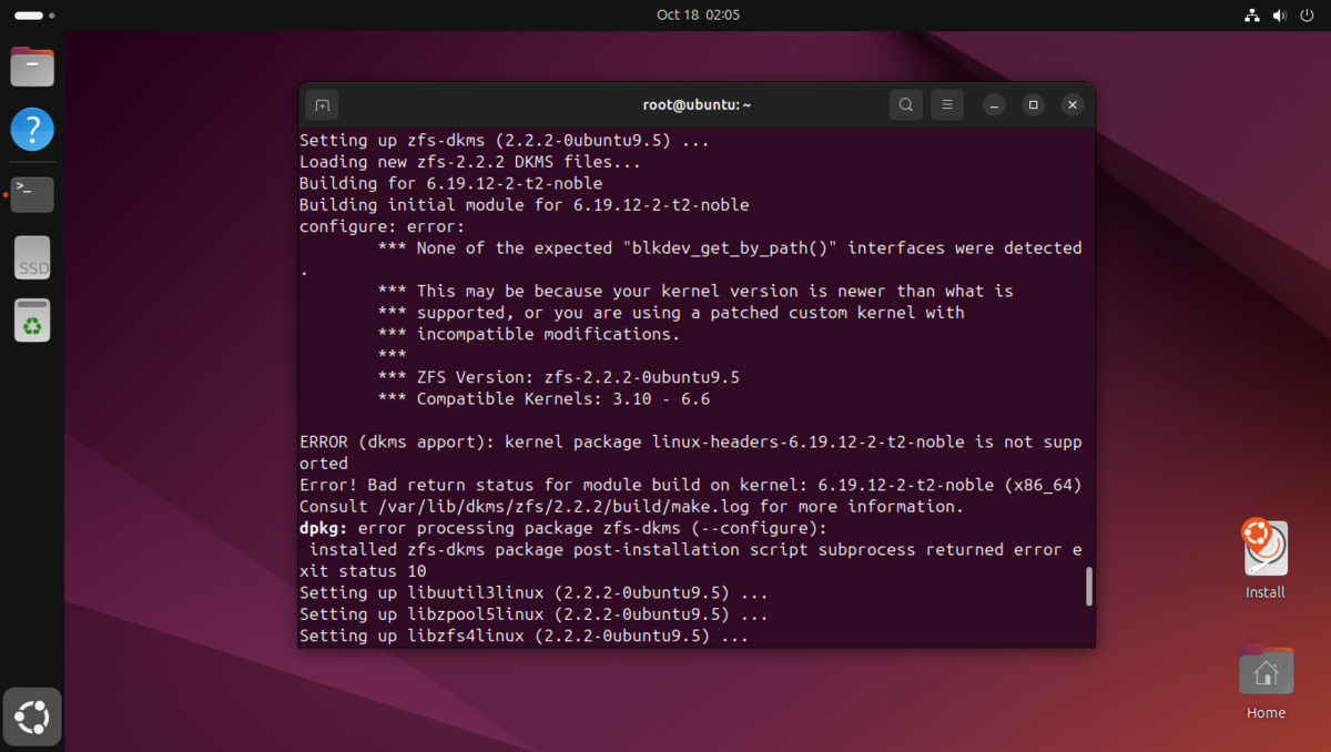 ZFS kernel packages will not build on T2 Linux custom Ubuntu image