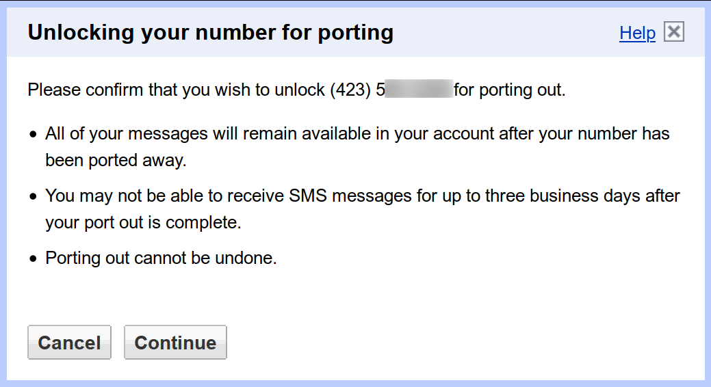 Google Voice Warning for Unlocking a Phone Number to be Ported