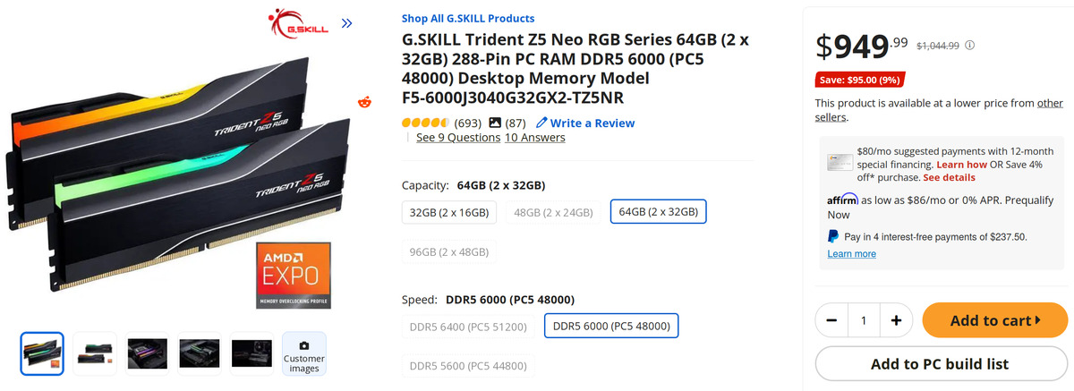 64GB (2x32GB) for $950