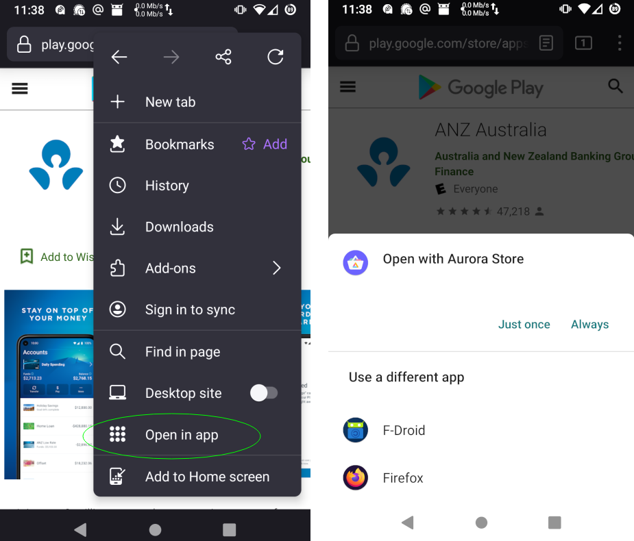 Screenshot showing how to view Google Play App in webpage and open in app via submenu