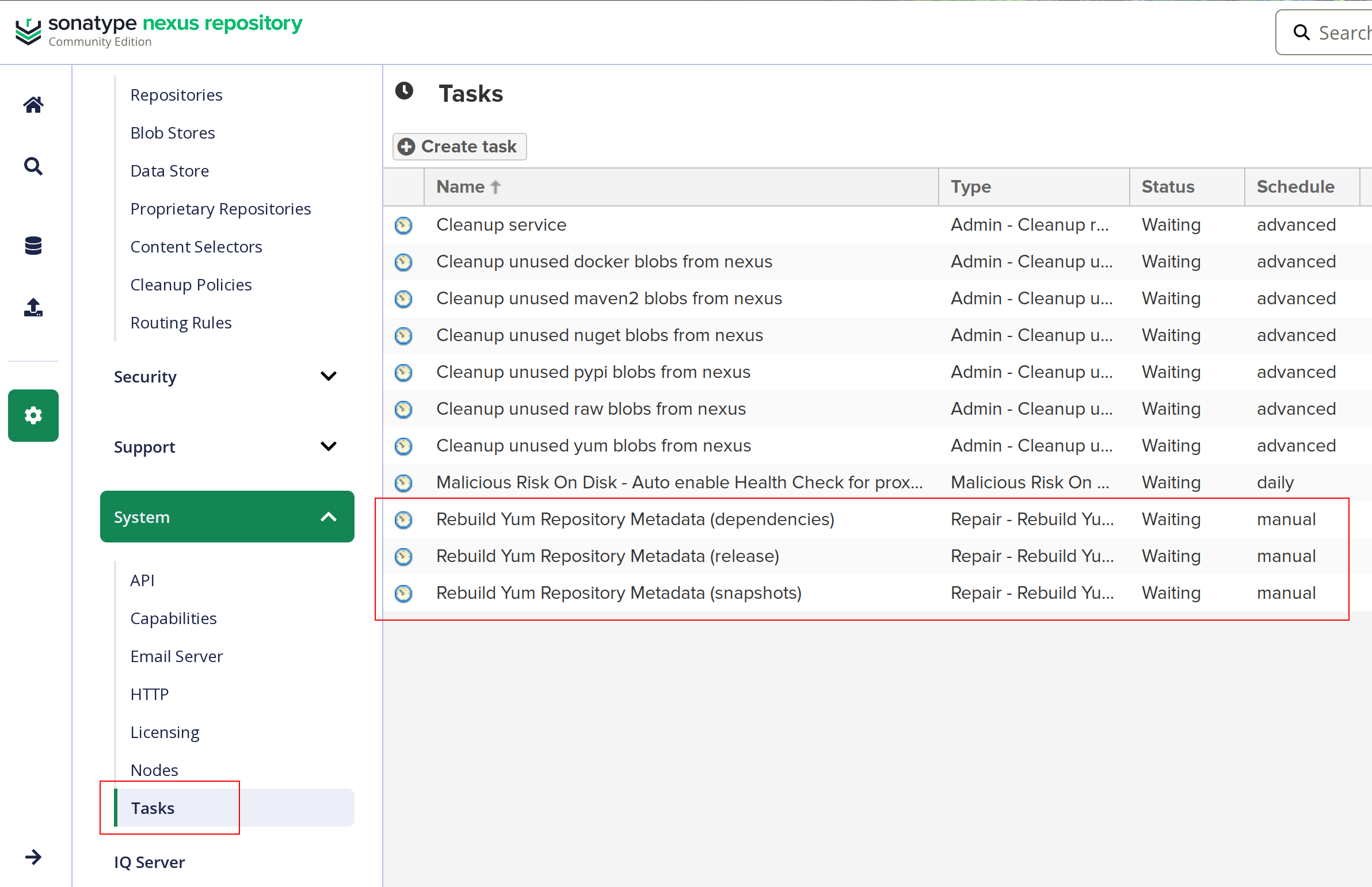 Creating Yum Repository Rebuild Tasks in Nexus Settings