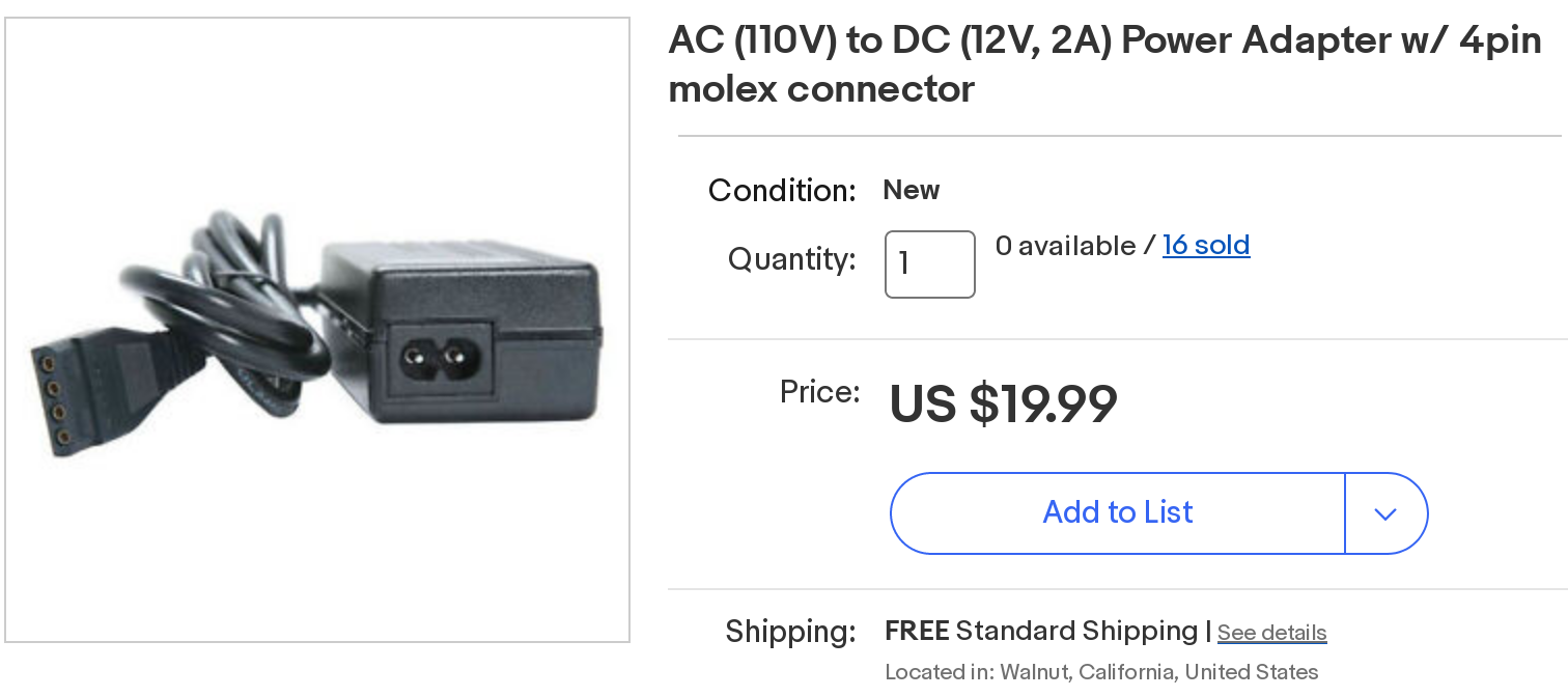 Screenshot of an AC to DC Molex connector from eBay for $19.99