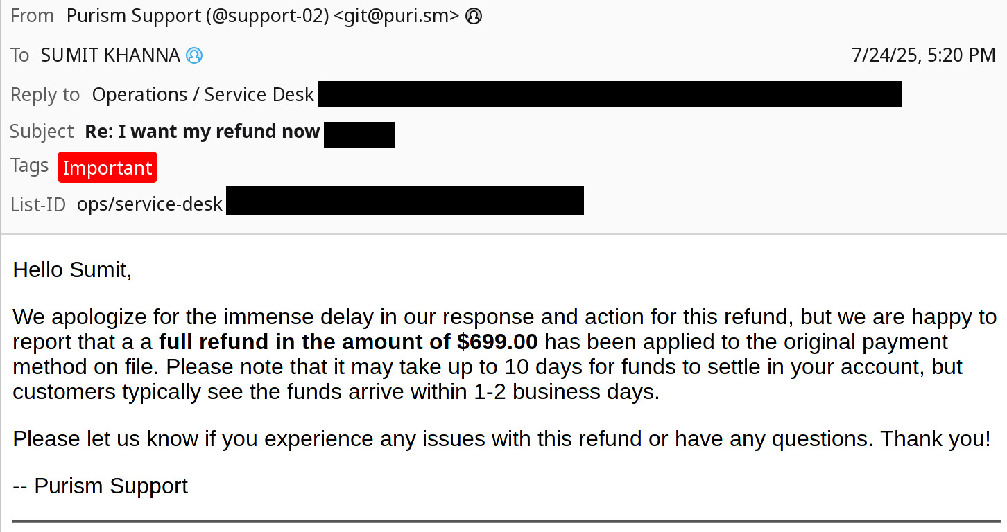 Purism E-mail issuing a refund