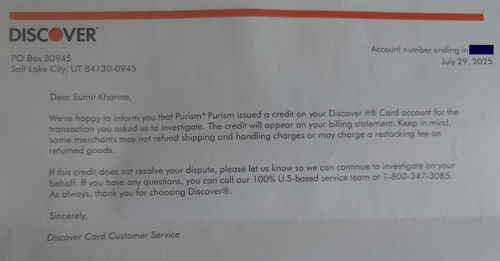Dispute response from credit card company