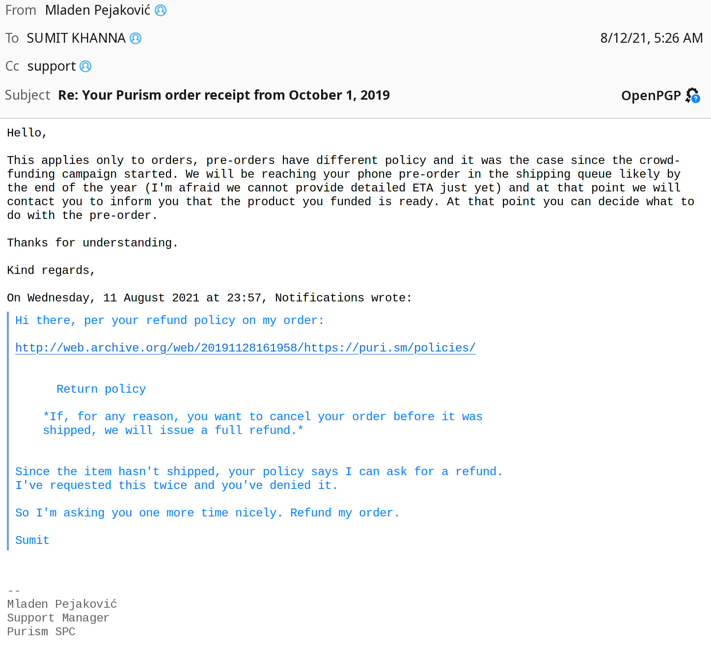 E-mail response to refund request from July 2021