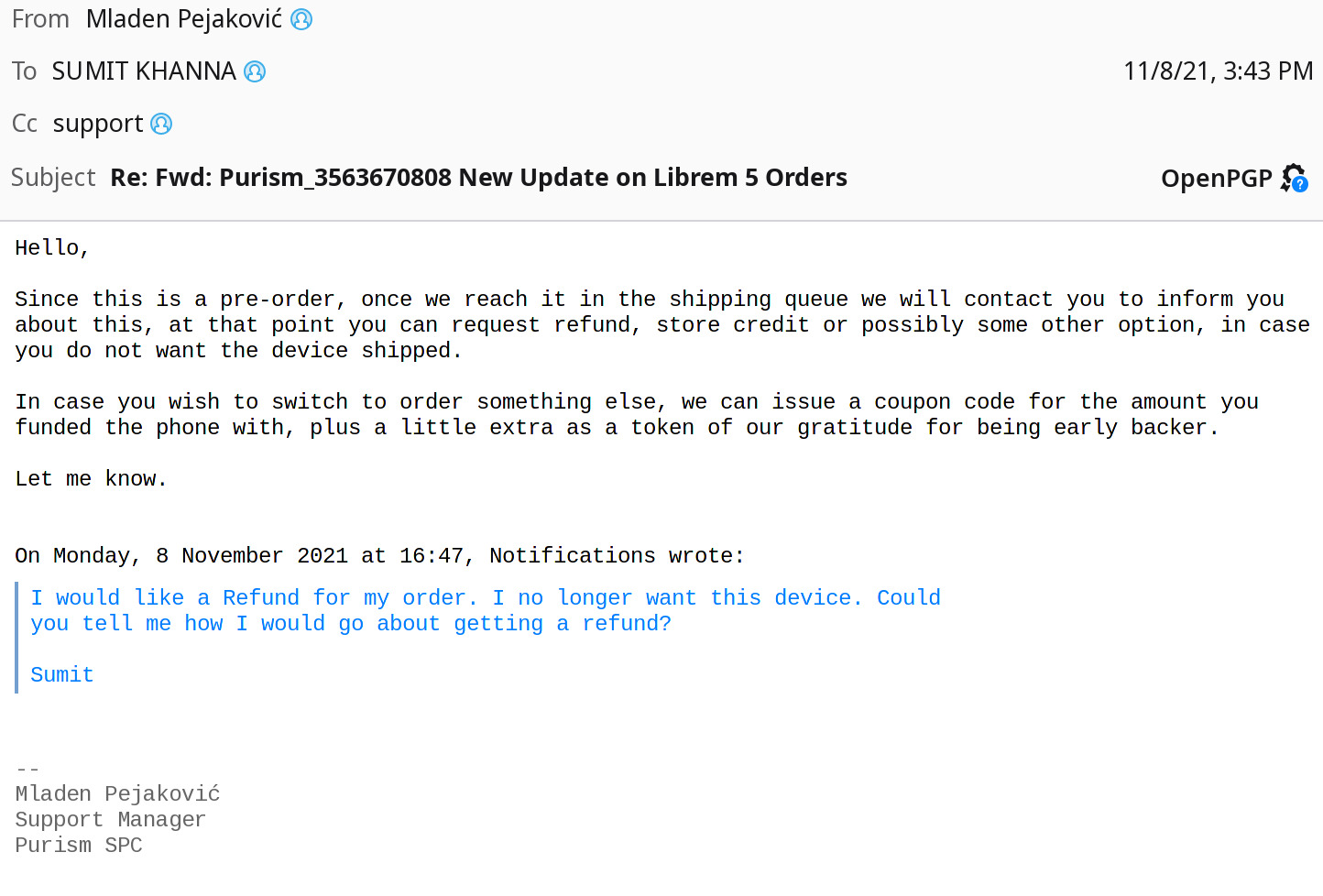 E-mail response from November 2021