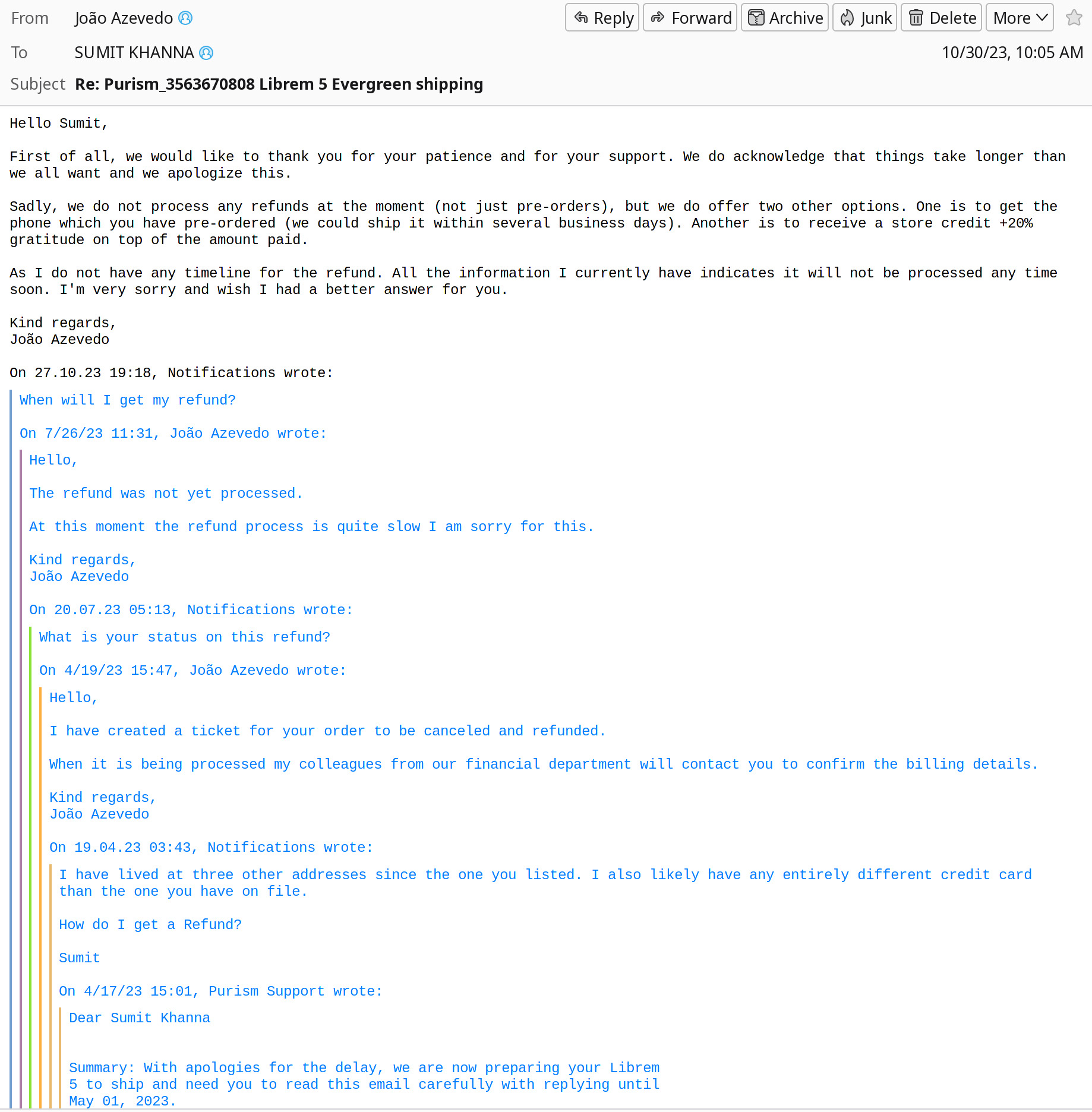 Purism support E-mail thread from 2023