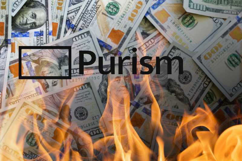 Purism logo on top of $100 bills on fire
