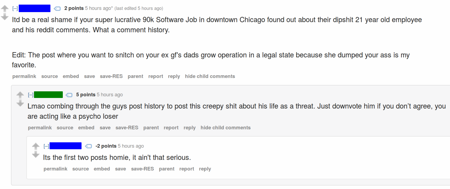 User on Reddit Threatening to Dox Someone's Comments to their Employer