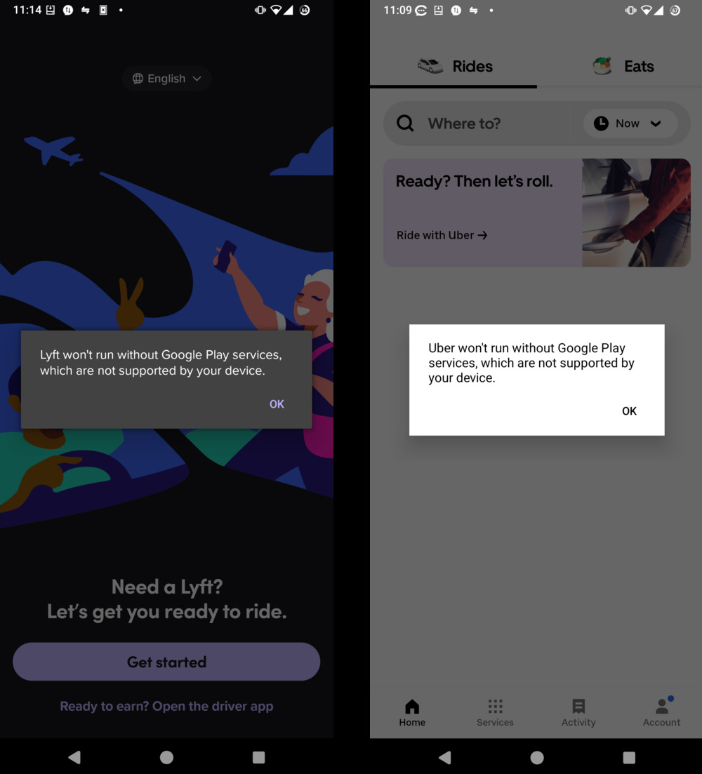 Lyft and Uber Apps without Google Services