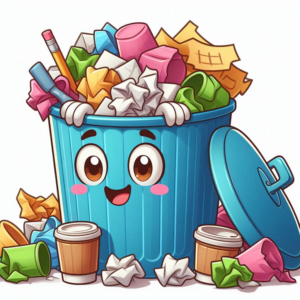 A cartoon trash bin overflowing with waste