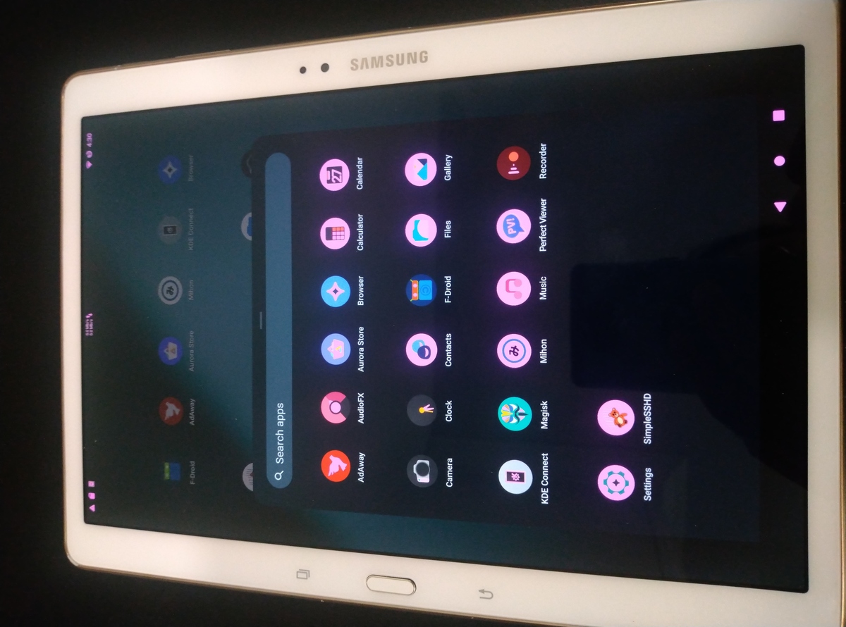 Samsung tablet with app drawer in magenta