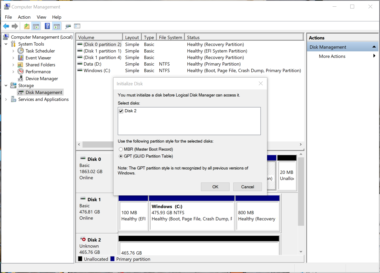 Windows Volume Manager with New Drive Initialization