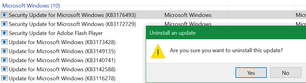 Uninstalling security update screenshot