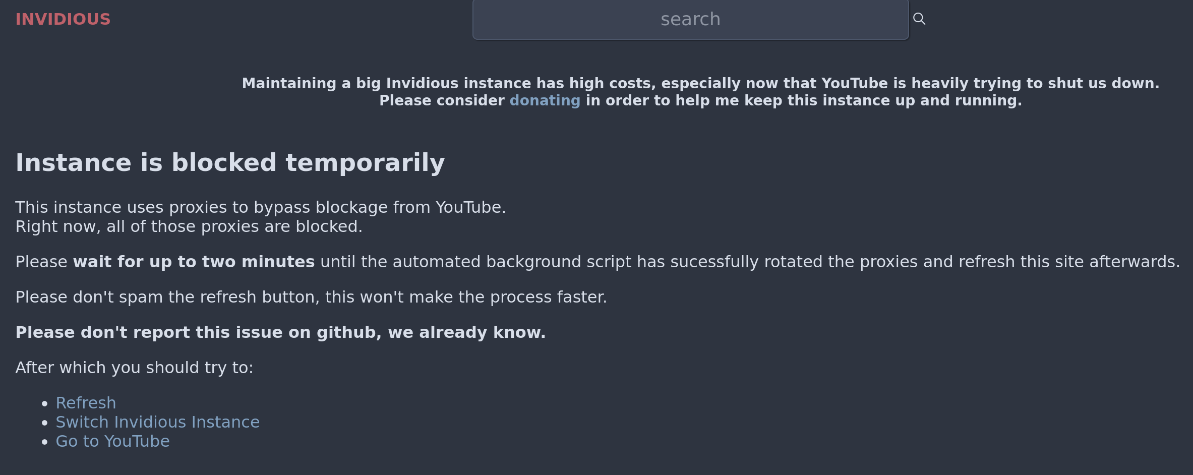 Rate Limit Error for Invidious Instance